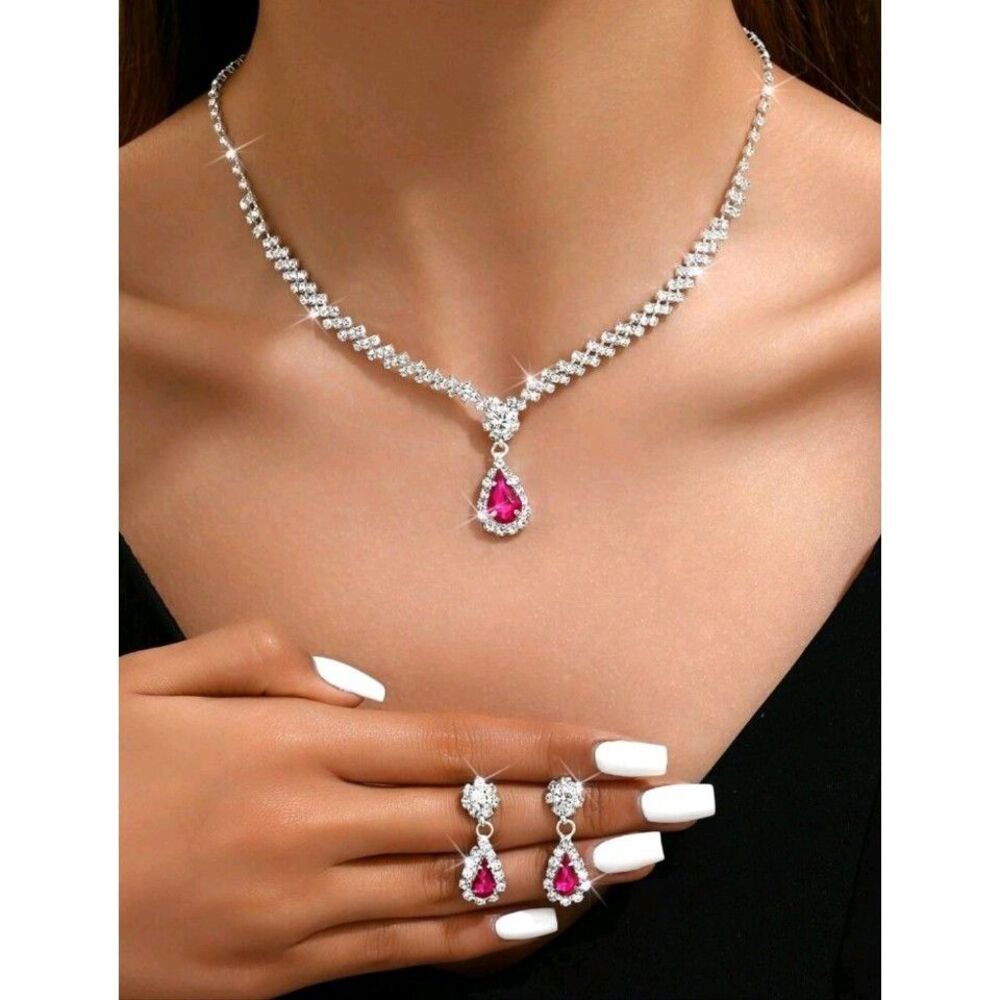 Pink Teardrop Crystal Necklace & Earring Set for Women – 2 Piece Jewelry Set